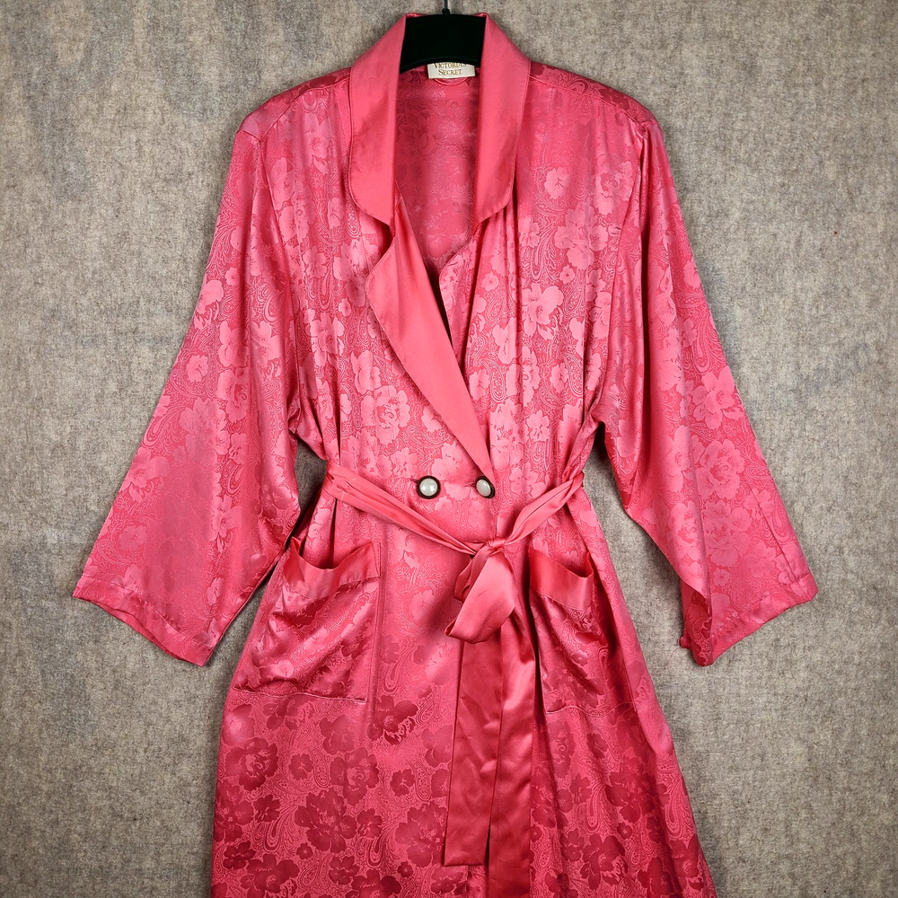 Vintage Victoria's Secret Gold Label Hot Pink Floral Long Satin Robe Medium